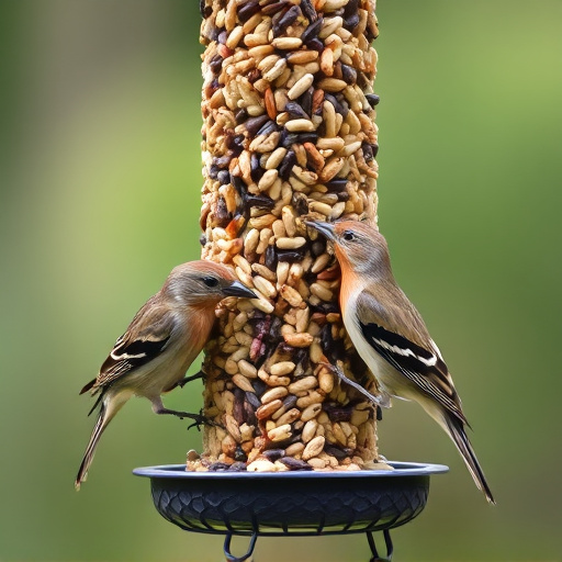Birds pecking at mixed seed blend