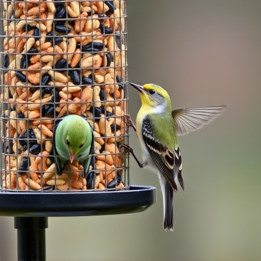 Birds pecking at mixed seed blend