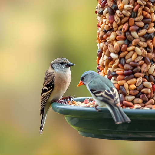 Birds pecking at mixed seed blend