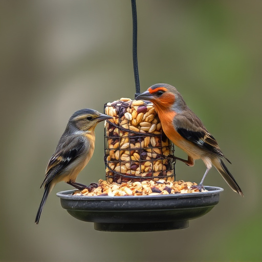 Birds pecking at mixed seed blend