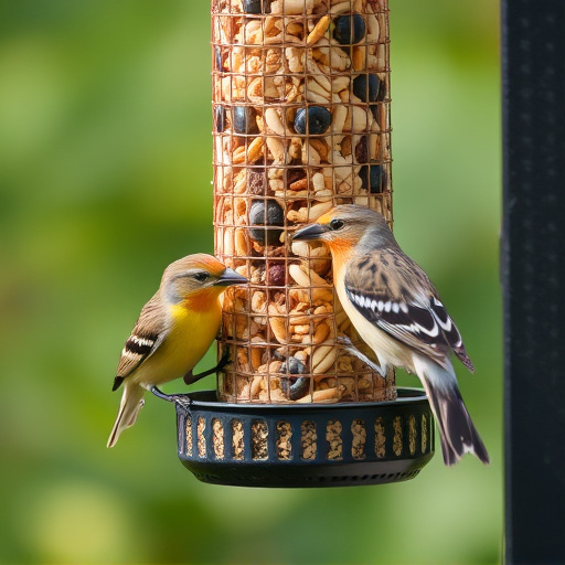 Birds pecking at mixed seed blend