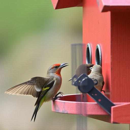 Birds pecking at restricted feeder ports