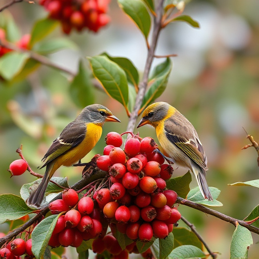 Birds pecking at ripe rowan berries