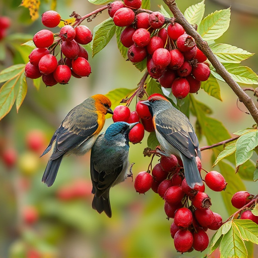 Birds pecking at ripe rowan berries