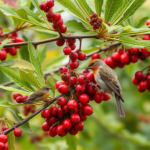 Birds pecking at ripe rowan berries