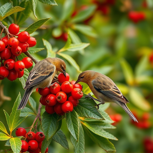 Birds pecking at ripe rowan berries