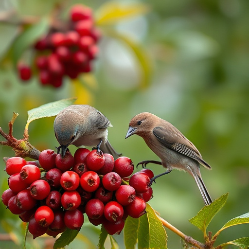 Birds pecking at ripe rowan berries