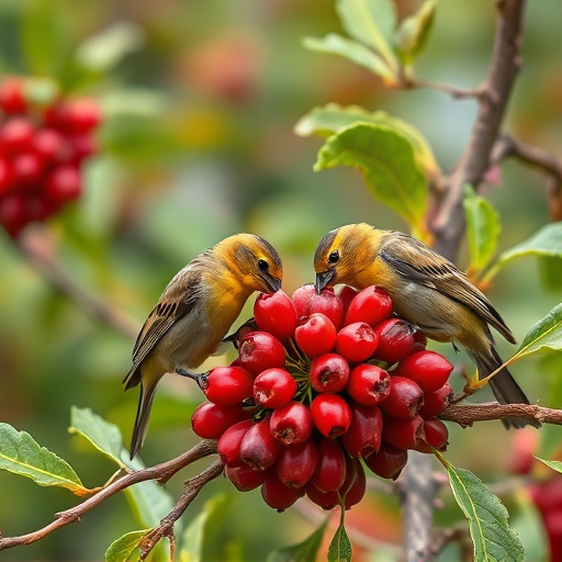 Birds pecking at ripe rowan berries