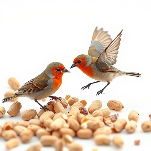 Birds pecking at scattered peanuts