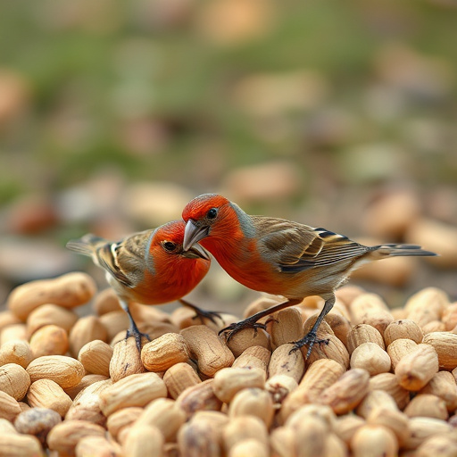 Birds pecking at scattered peanuts