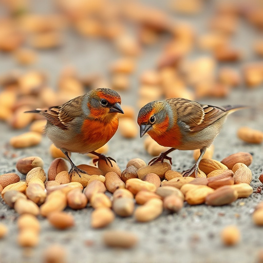 Birds pecking at scattered peanuts
