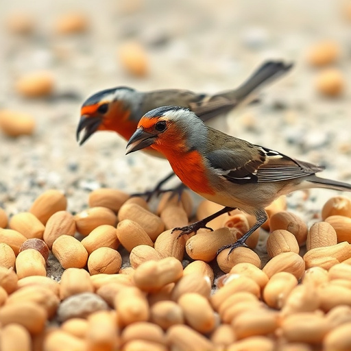 Birds pecking at scattered peanuts