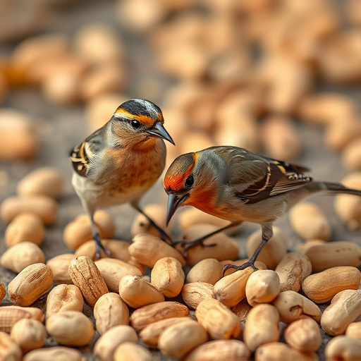 Birds pecking at scattered peanuts