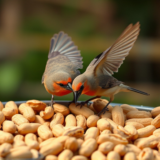 Birds pecking at scattered peanuts