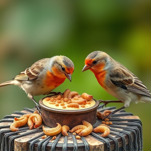 Birds pecking at suet and mealworms