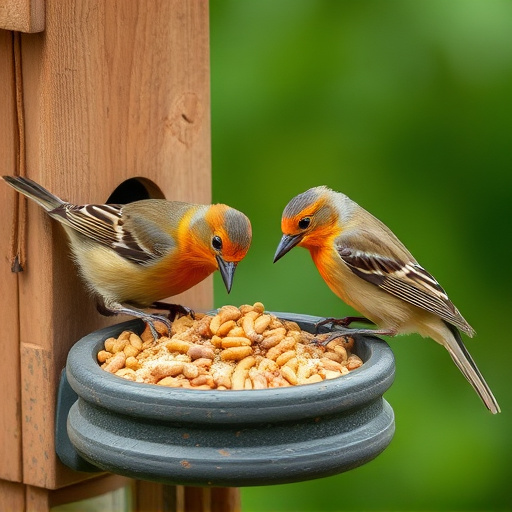 Birds pecking at suet and mealworms