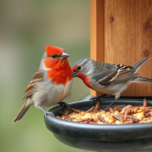 Birds pecking at suet and mealworms