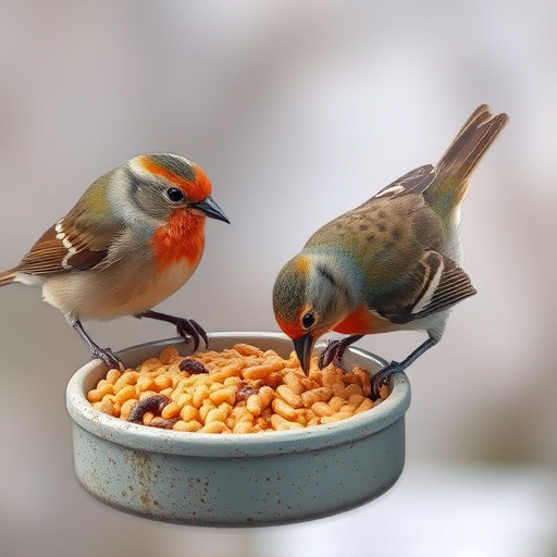 Birds pecking at suet and mealworms