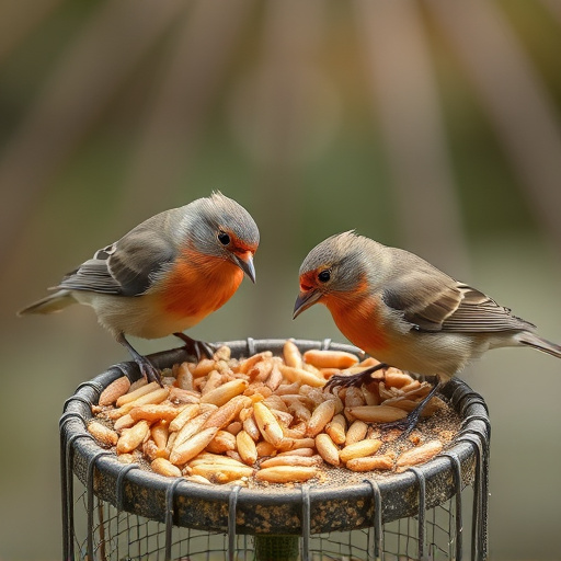 Birds pecking at suet and mealworms
