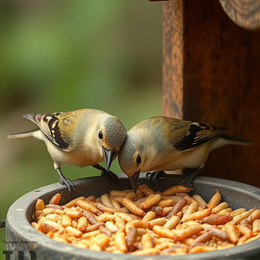 Birds pecking at suet and mealworms