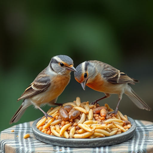 Birds pecking at suet and mealworms