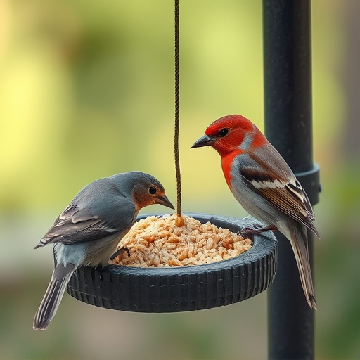 Birds pecking at suet and mealworms