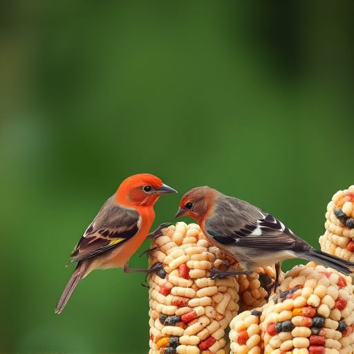 Birds pecking at suet pellets