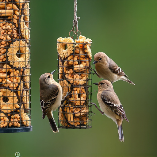 Birds pecking at suet pellets
