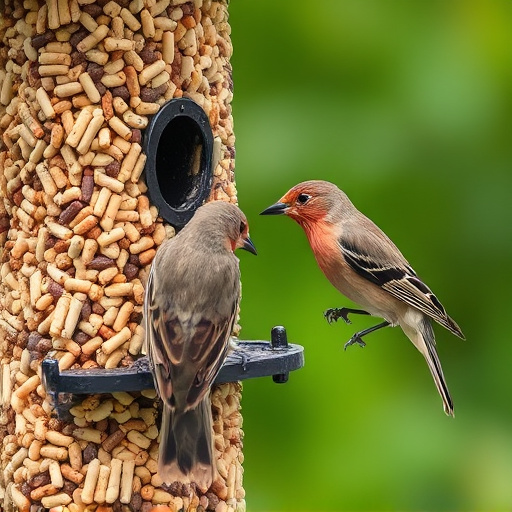 Birds pecking at suet pellets