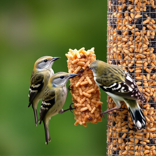 Birds pecking at suet pellets