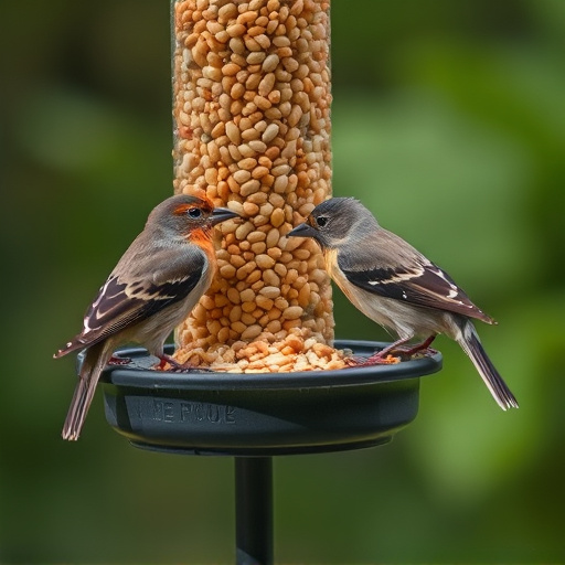 Birds pecking seeds from ground feeder