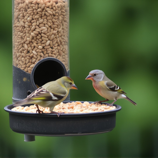 Birds pecking seeds from ground feeder