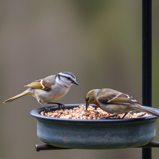 Birds pecking seeds from ground feeder