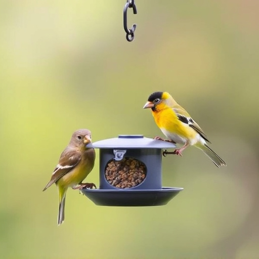 Birds perched on compact feeding station