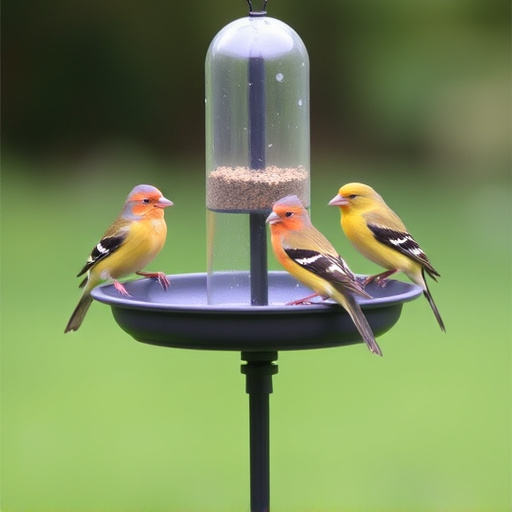 Birds perched on freestanding tray feeder