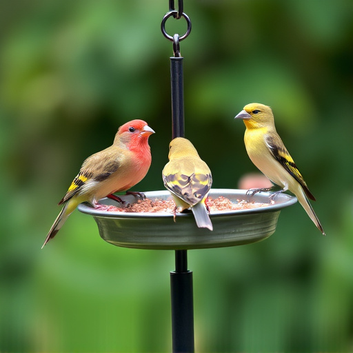 Birds perched on freestanding tray feeder