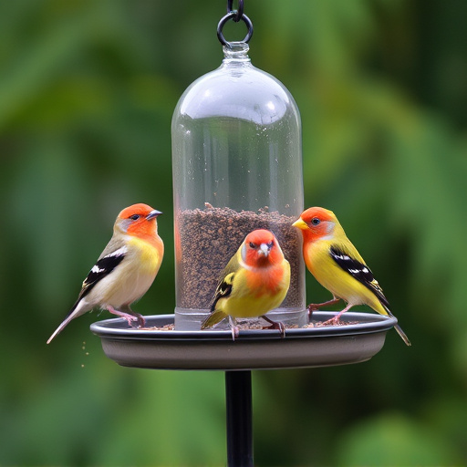Birds perched on freestanding tray feeder