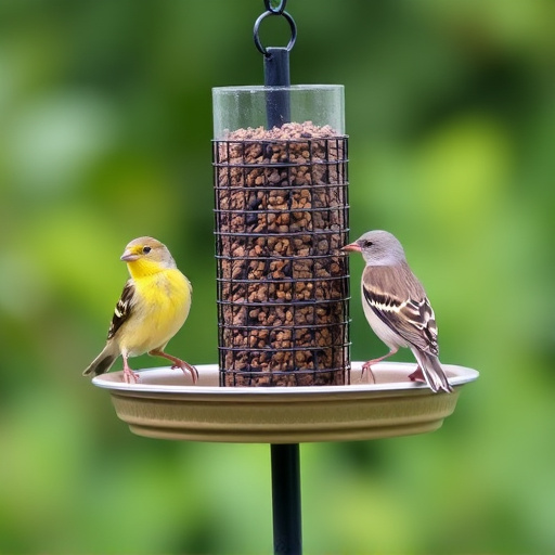 Birds perched on freestanding tray feeder