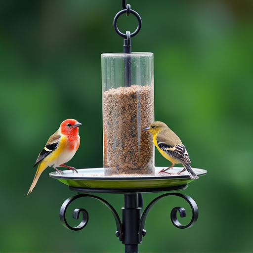 Birds perched on freestanding tray feeder