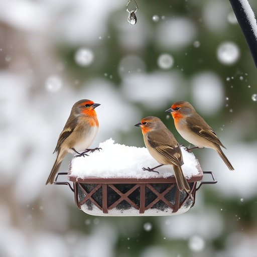 Birds perched on snowy bird feeder