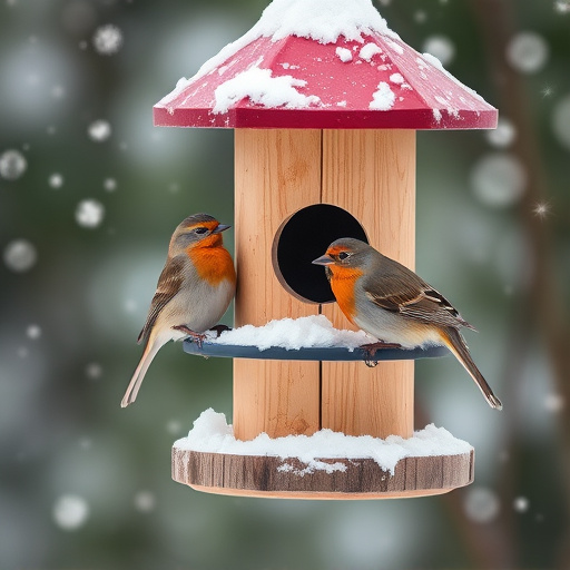Birds perched on snowy bird feeder