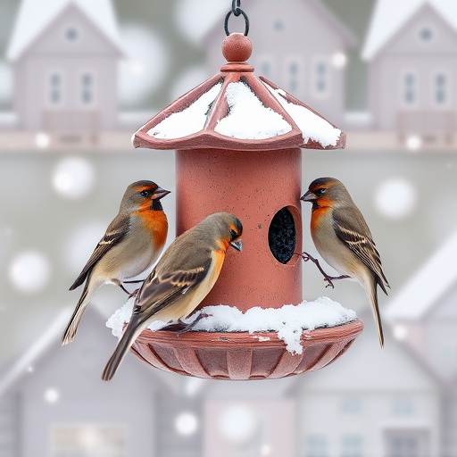 Birds perched on snowy bird feeder