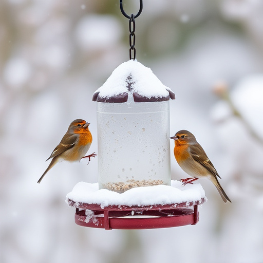 Birds perched on snowy bird feeder