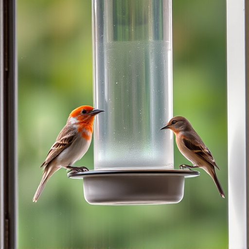 Birds perched on transparent window feeder