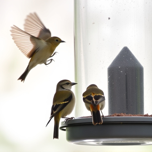 Birds perched on transparent window feeder