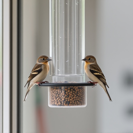 Birds perched on transparent window feeder
