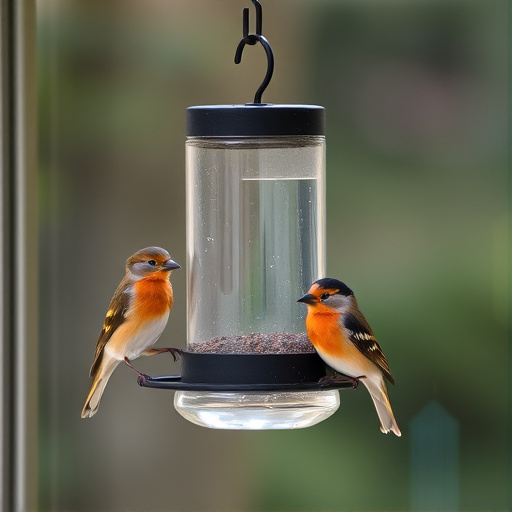 Birds perched on transparent window feeder