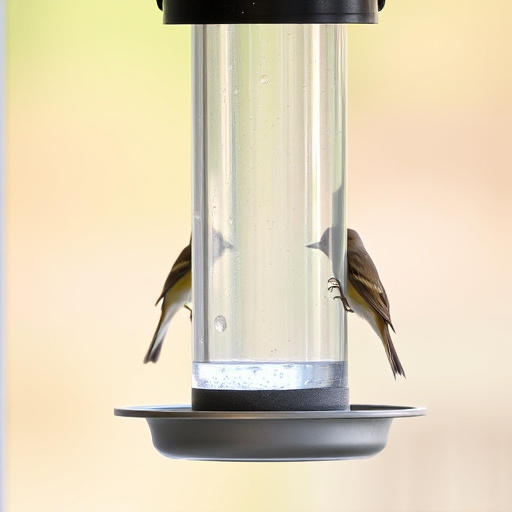 Birds perched on transparent window feeder