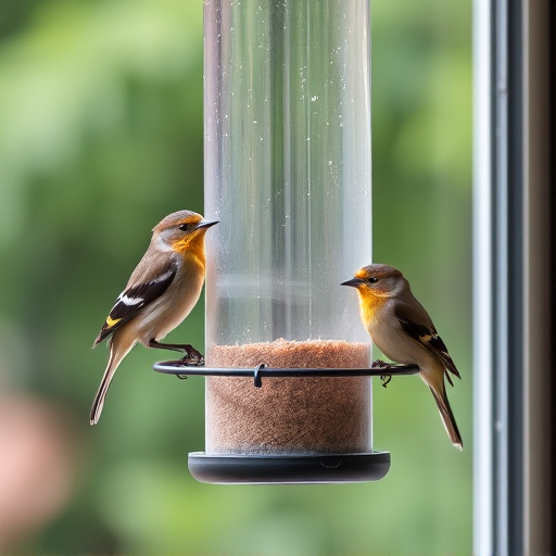 Birds perched on transparent window feeder