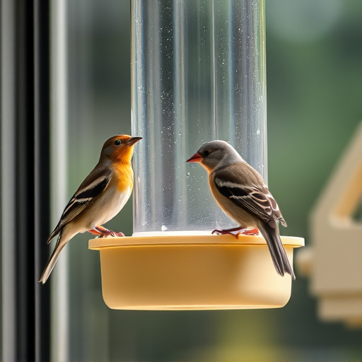 Birds perched on transparent window feeder